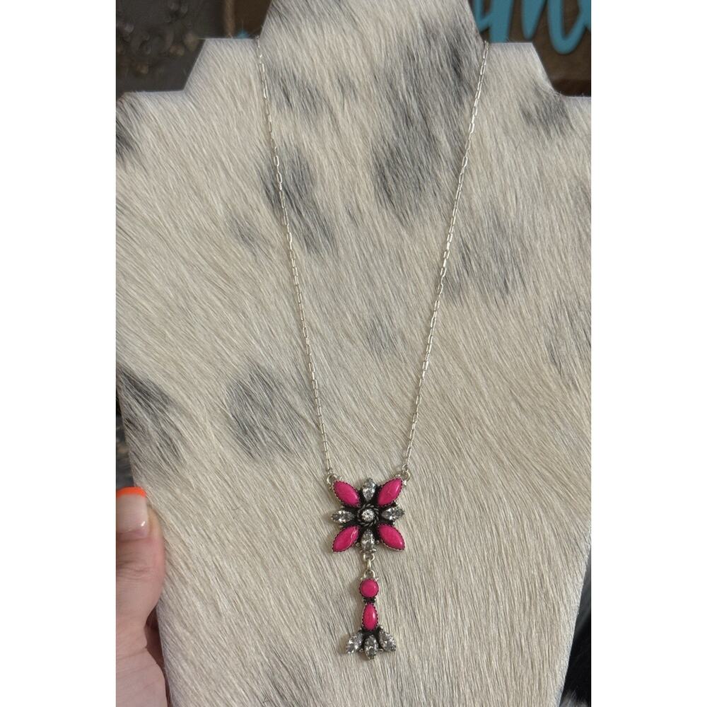 Native American SW Sterling Silver Neon Pink Jasper & CZ Cluster Lariat Necklace - Picture 3 of 11